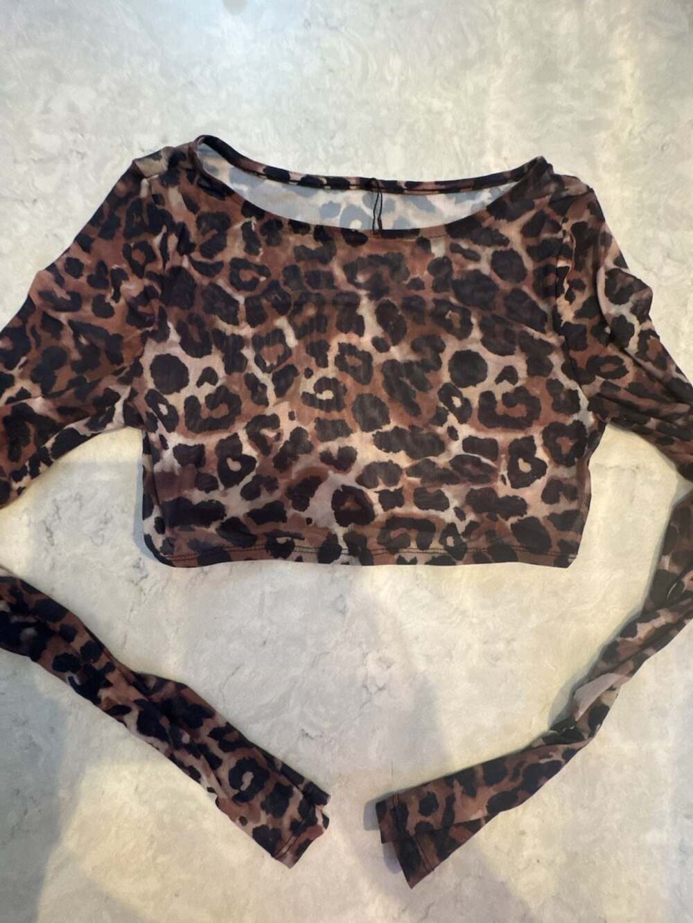 Women's Brown Leopard Print Sheer Mesh Long Sleeve Crop Top S